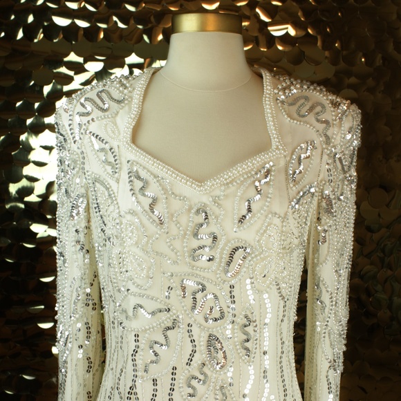 White + Silver Leslie Fay L/S Sequin Dress - Picture 3 of 7
